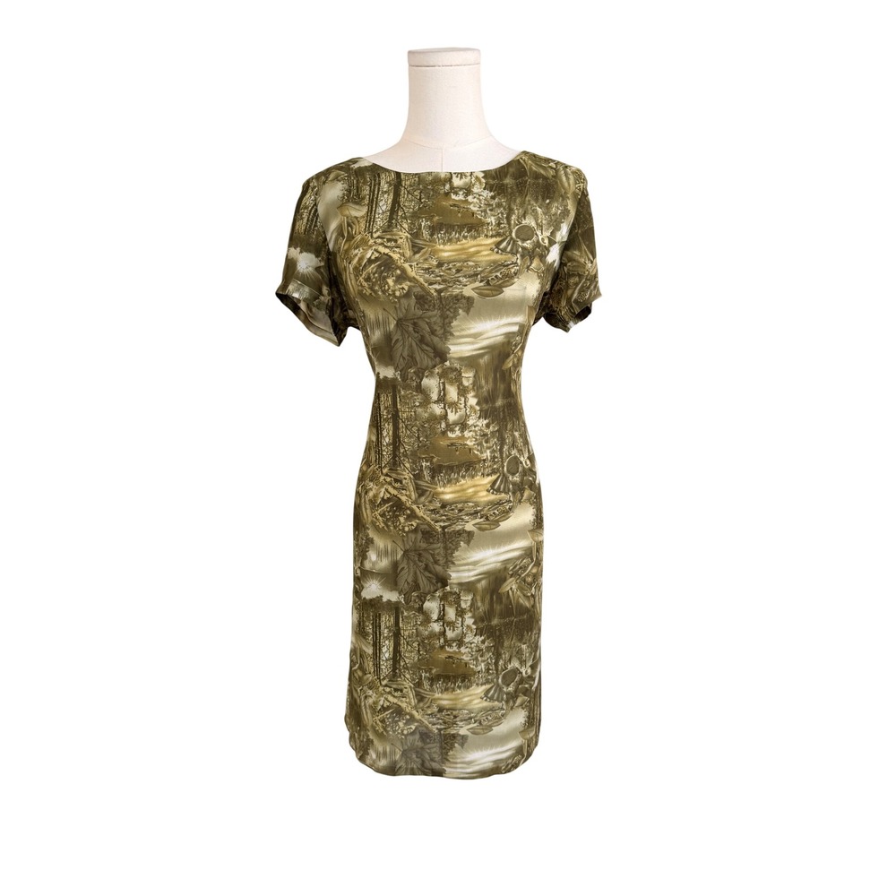 Vintage Nature Landscape Print Sheath Dress Olive Green Short Sleeve 34L